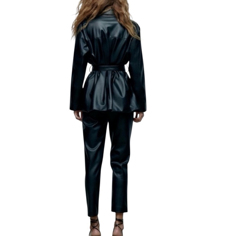Zara NWT Faux Leather BLack Belted Jacket Size Medium - Picture 3 of 7